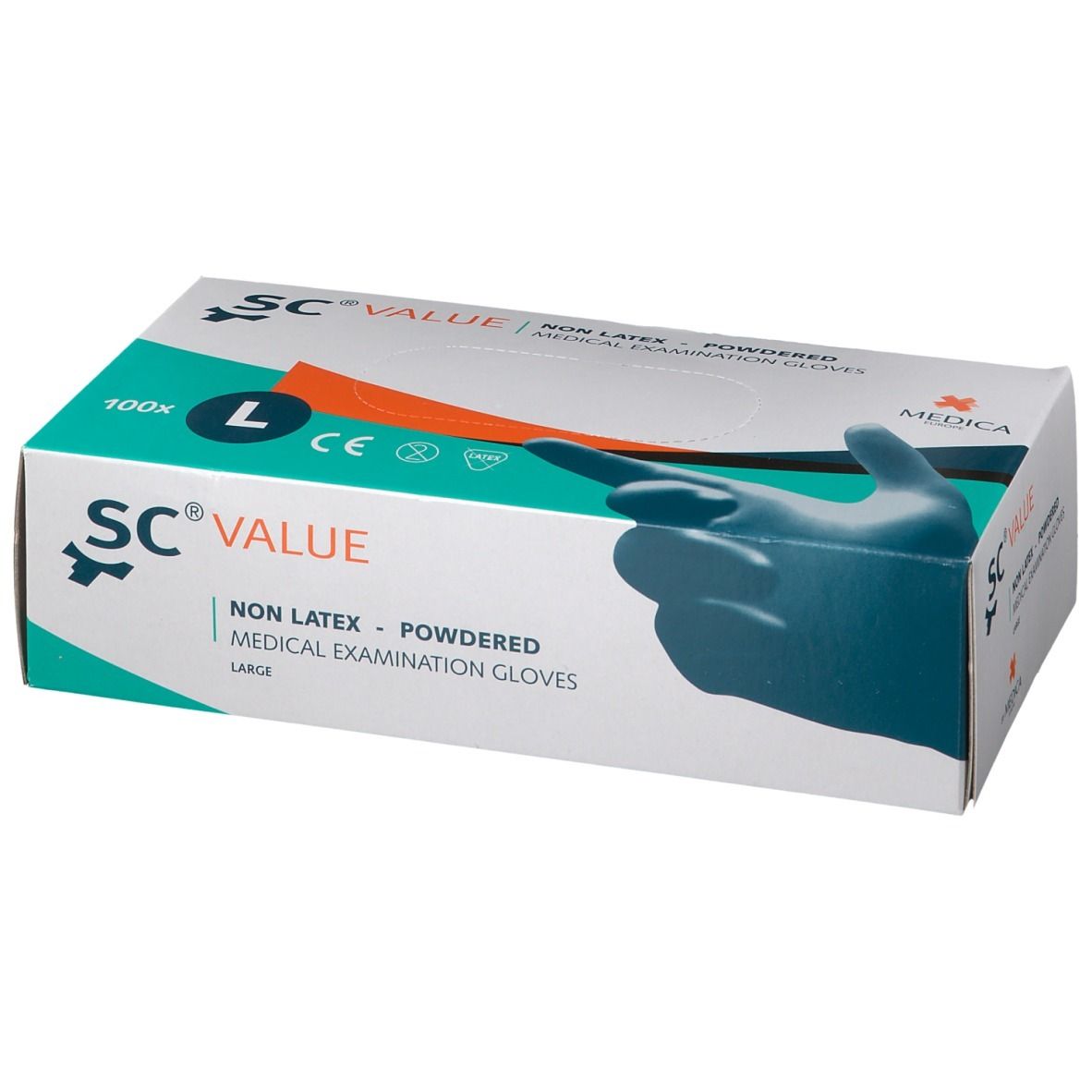 Boîte de gants d'examen médicaux SC Value, taille L. Inscriptions : Non Latex, poudrés, Medica. 100 pièces.