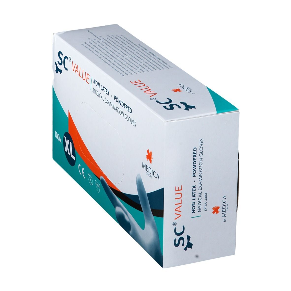 Boîte de gants d'examen médicaux en biais. Inscription : SC® VALUE, Non Latex, poudrés, XL.