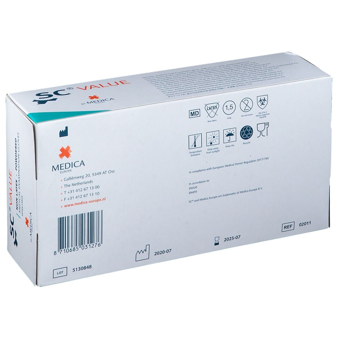 Dos de la boîte de gants d'examen médicaux. Inscription : SC® VALUE, Medica Europe, divers symboles.