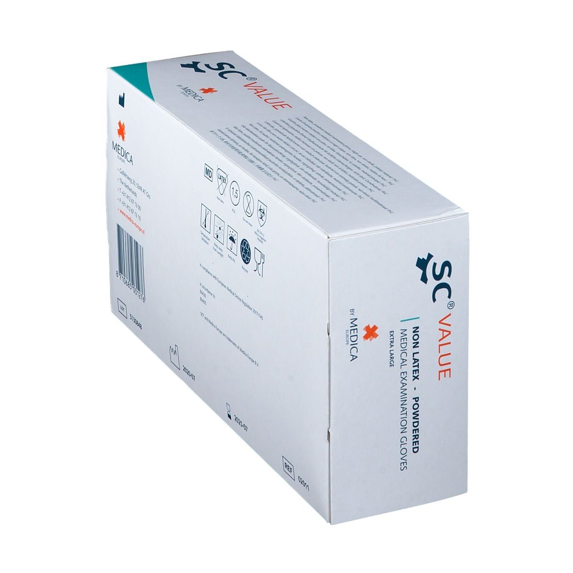 Boîte de gants d'examen médicaux en biais. Inscription : SC® VALUE, Medica Europe, divers symboles.