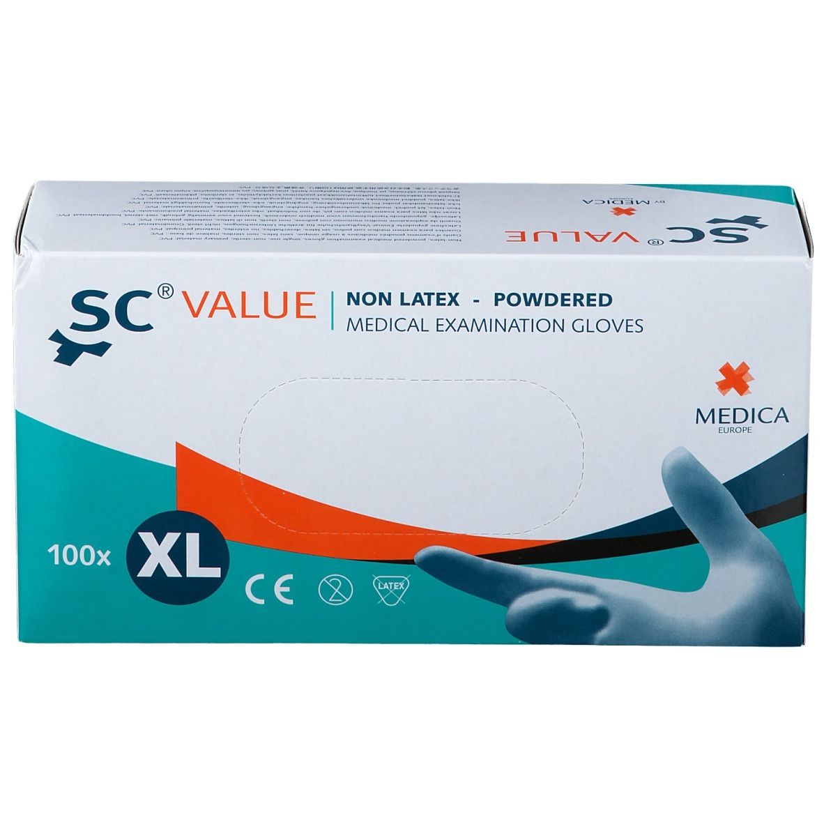 Boîte de gants d'examen médicaux. Inscription : SC® VALUE, Non Latex, poudrés, XL, 100 pièces.