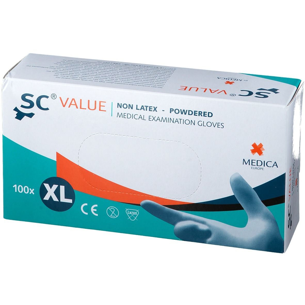 Boîte de gants d'examen médicaux. Inscription : SC® VALUE, Non Latex, poudrés, XL, 100 pièces.