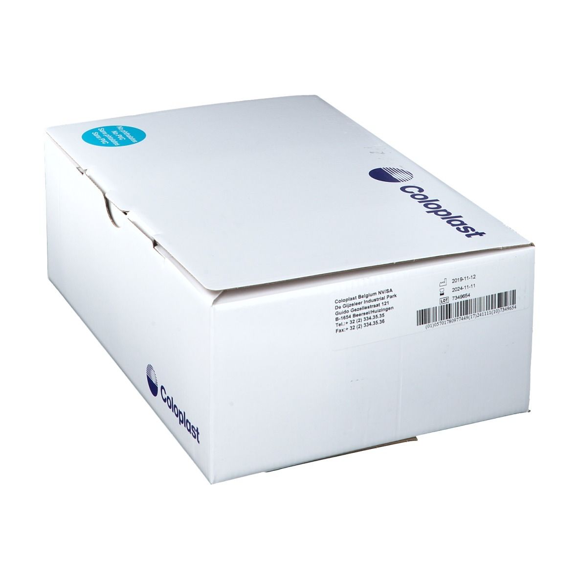 Boîte blanche avec logo Coloplast. Autocollant bleu. Couvercle ouvert. Code-barres et texte.
