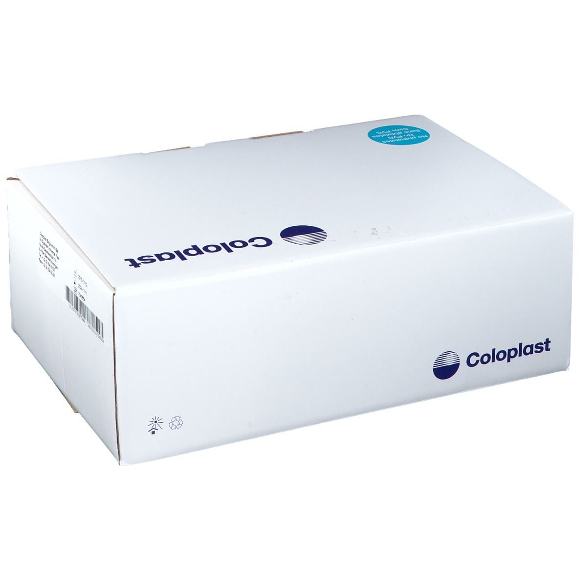 Boîte blanche avec logo Coloplast. Autocollant bleu. Couvercle fermé.