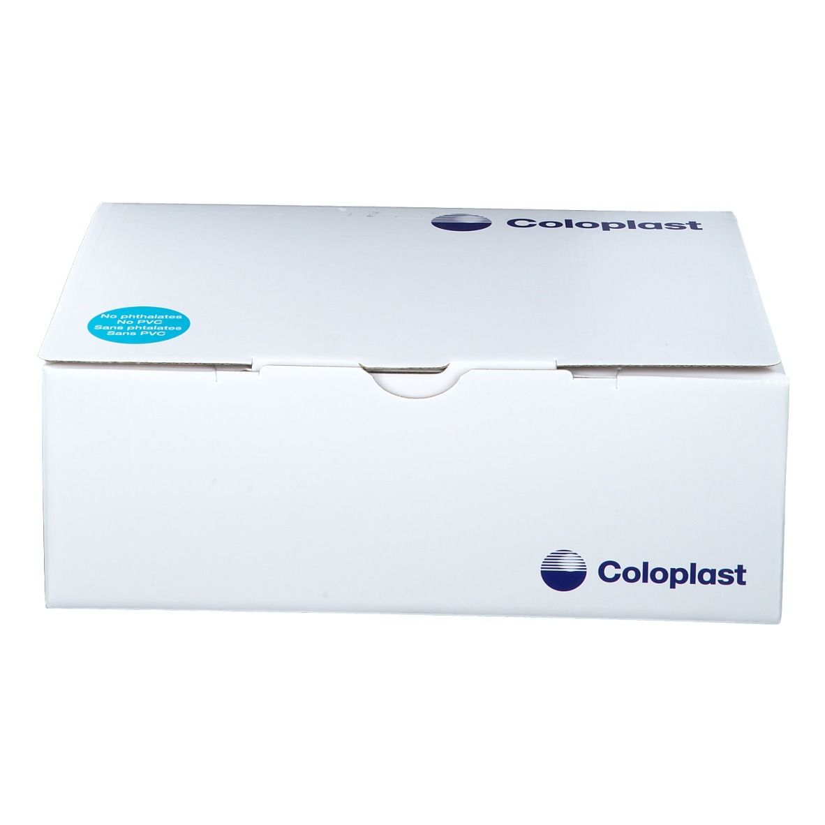 Boîte blanche avec logo Coloplast. Autocollant bleu. Couvercle fermé.