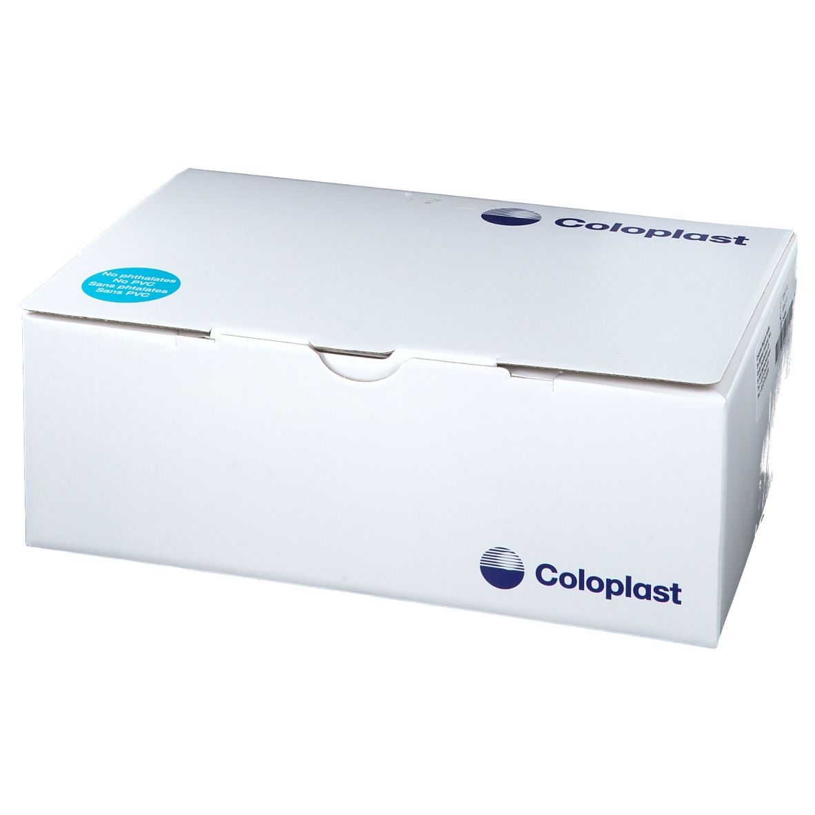 Boîte blanche avec logo Coloplast. Autocollant bleu. Couvercle fermé.