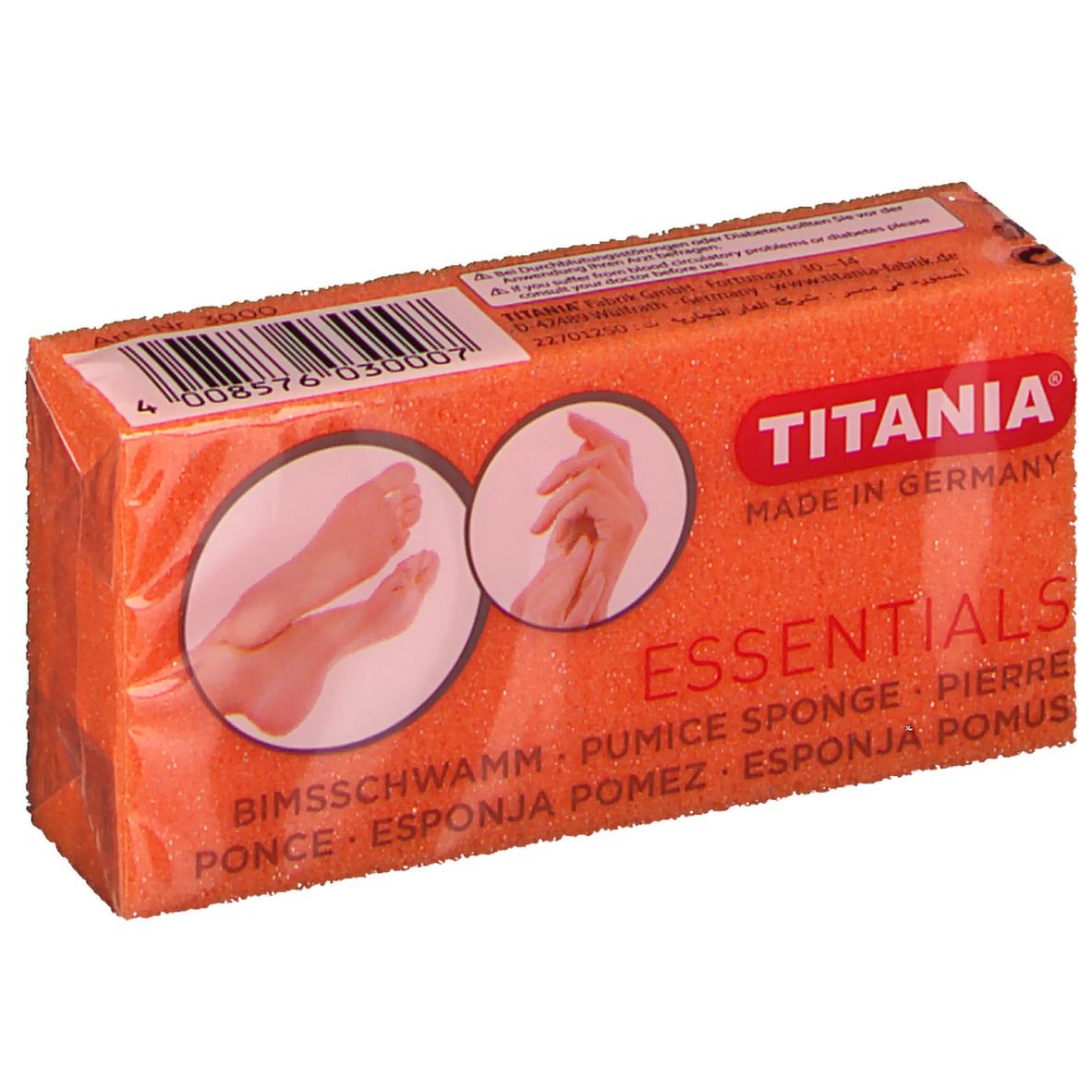 Pierre ponce orange dans un emballage. Marque Titania Essentials. Inscriptions: Bims-Schwamm, Pumice Sponge, Pierre Ponce.