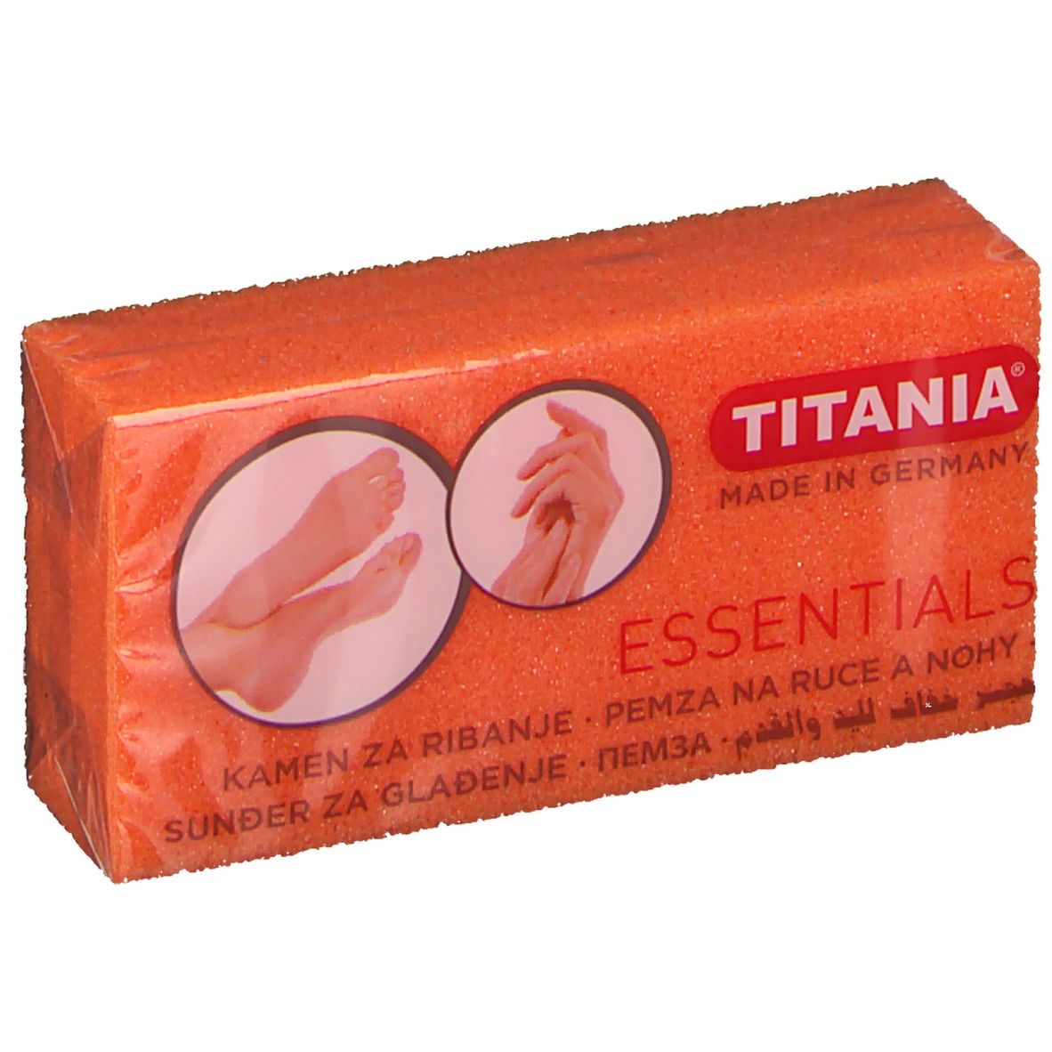 Pierre ponce orange dans un emballage. Marque Titania Essentials. Inscriptions: Bims-Schwamm, Pumice Sponge, Pierre Ponce.