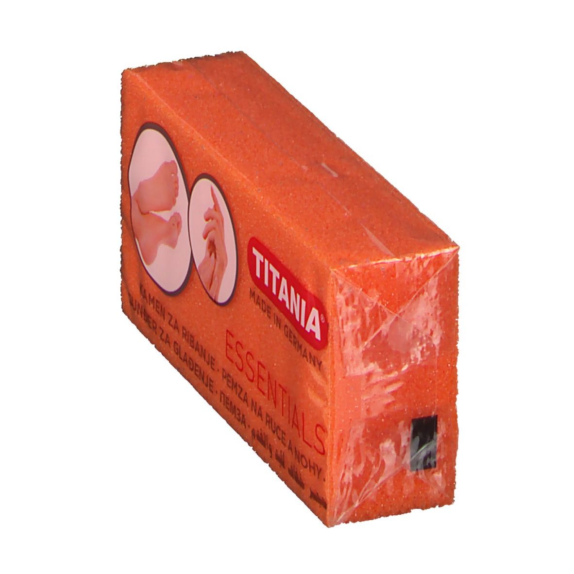 Pierre ponce en emballage, en biais. Marque Titania Essentials. Inscriptions: Bims-Schwamm, Pumice Sponge, Pierre Ponce. Orange.