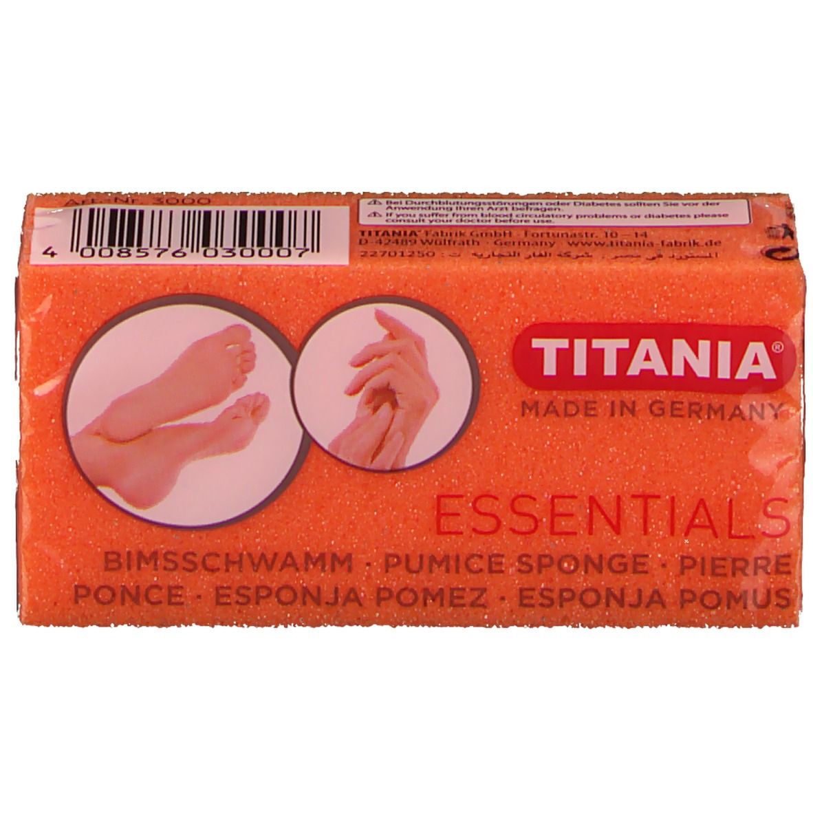 Pierre ponce orange dans un emballage. Marque Titania Essentials. Inscriptions: Bims-Schwamm, Pumice Sponge, Pierre Ponce.