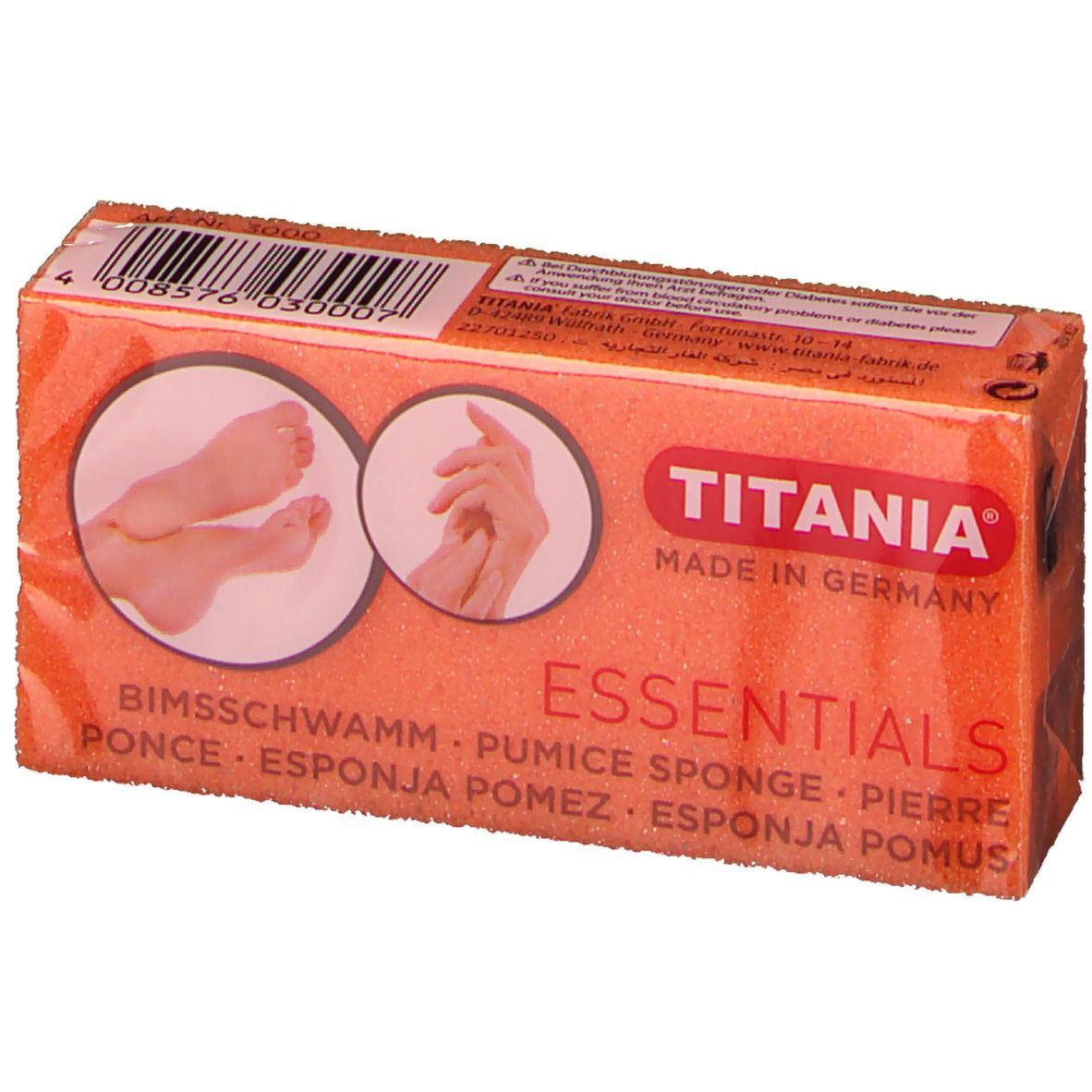 Pierre ponce en emballage. Marque Titania Essentials. Inscriptions: Bims-Schwamm, Pumice Sponge, Pierre Ponce. Orange.