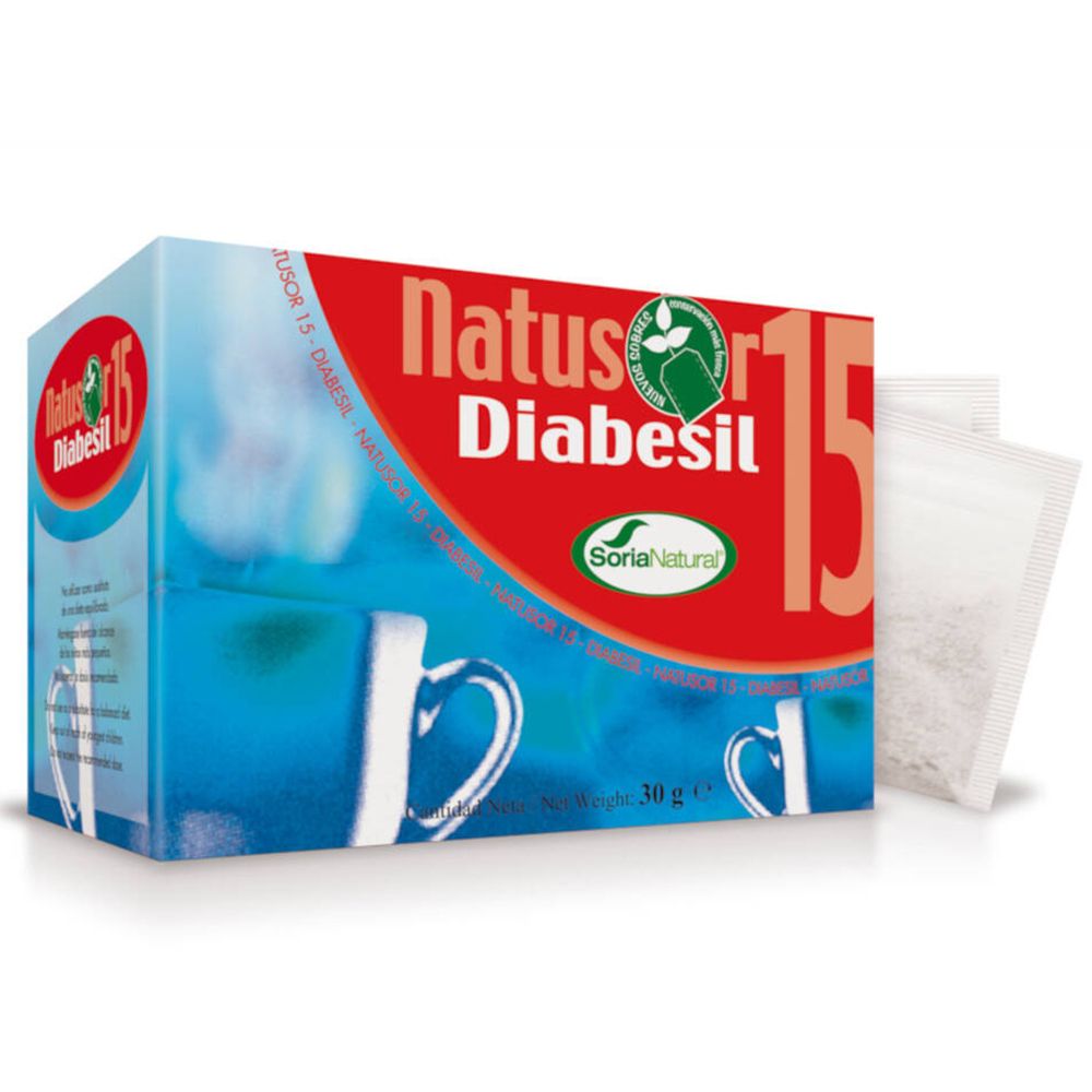 Boîte de Natusor Diabesil 15. Emballage rouge et bleu avec nom et logo. Deux sachets de thé sont visibles à côté.