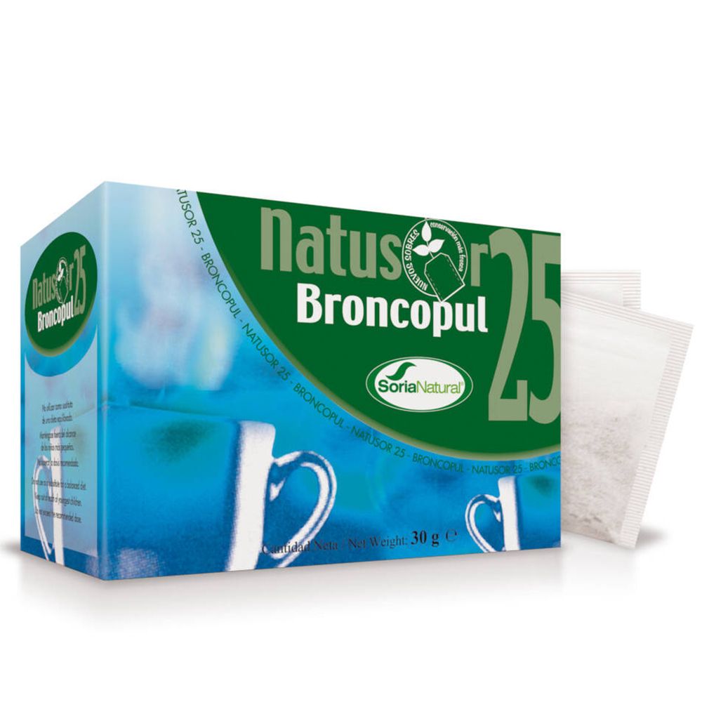 Boîte de thé Natusor Broncopul 25 avec logo Soria Natural. Deux sachets de thé sont visibles à côté de la boîte.