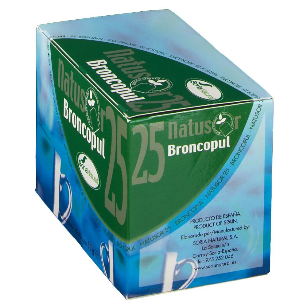 Vue en biais d'une boîte avec Natusor Broncopul 25. Logo Soria Natural. Texte: Produit d'Espagne.