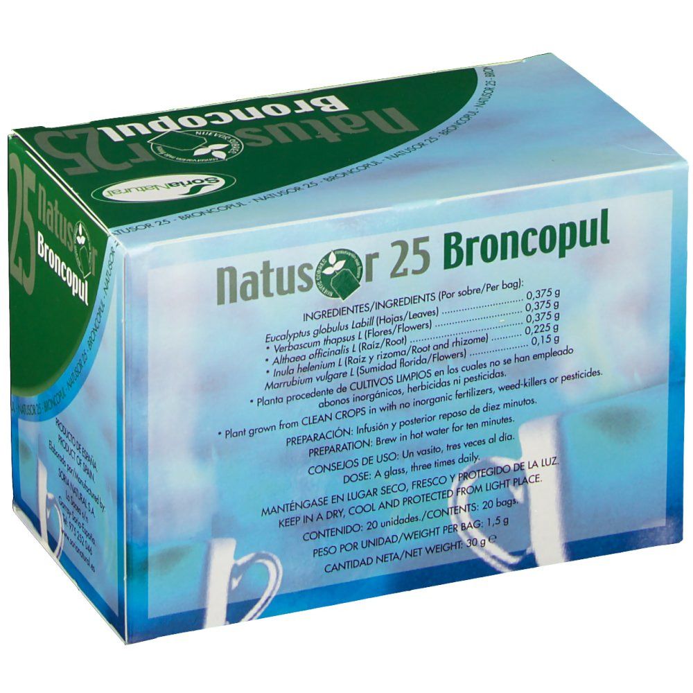 Boîte Natusor Broncopul 25. Liste des ingrédients et instructions. Logo Soria Natural. Texte en espagnol.