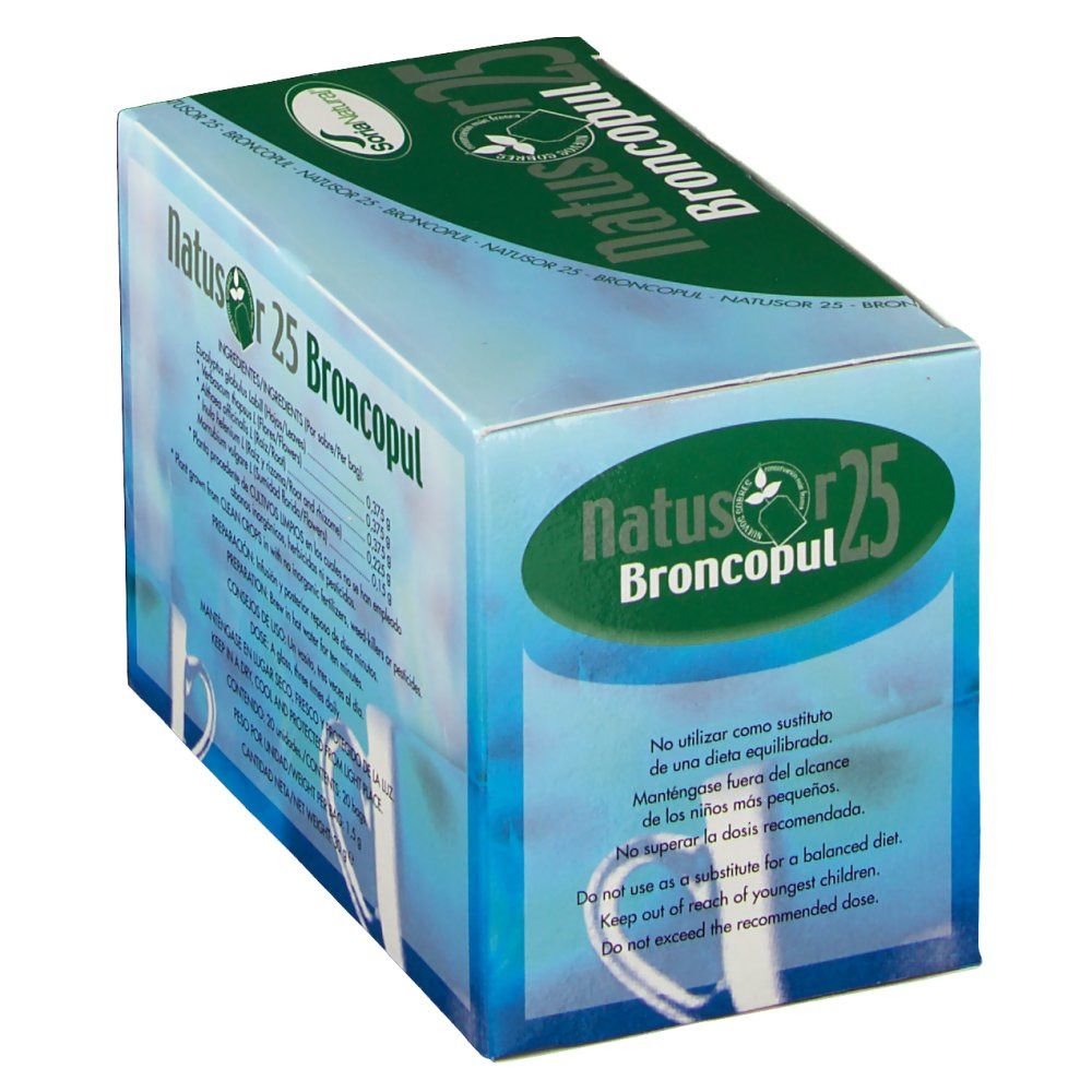 Boîte Natusor Broncopul 25. Avertissements et précautions. Logo Soria Natural. Texte en espagnol.