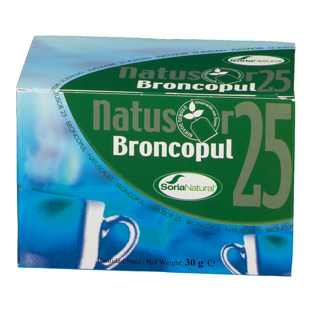 Boîte Natusor Broncopul 25. Logo Soria Natural. Design bleu et blanc. Deux tasses illustrées.