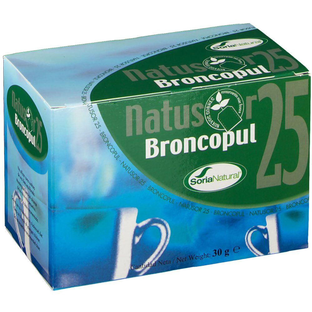 Boîte Natusor Broncopul 25. Logo Soria Natural. Design bleu et blanc. Deux tasses illustrées.
