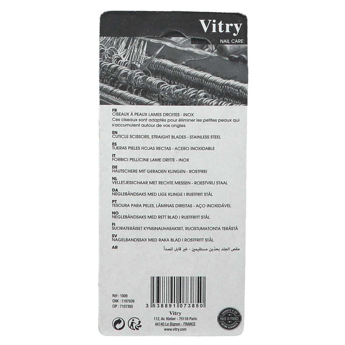 Dos de l'emballage blister avec informations produit et marque Vitry. Texte multilingue.