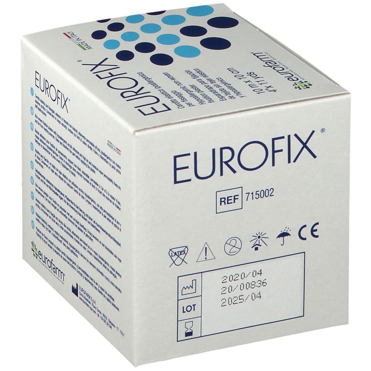 Verbandbox Eurofix, 10 m x 10 cm. Referenznummer, Chargennummer und CE-Kennzeichnung.