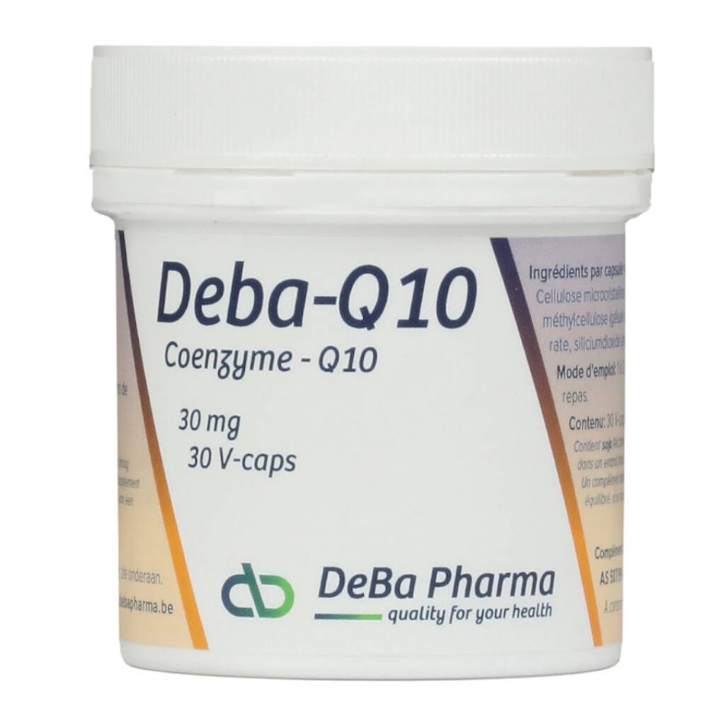 Boîte blanche Deba-Q10, Coenzyme-Q10, 30 mg, 30 V-caps. Logo DeBa Pharma. Fond orange.