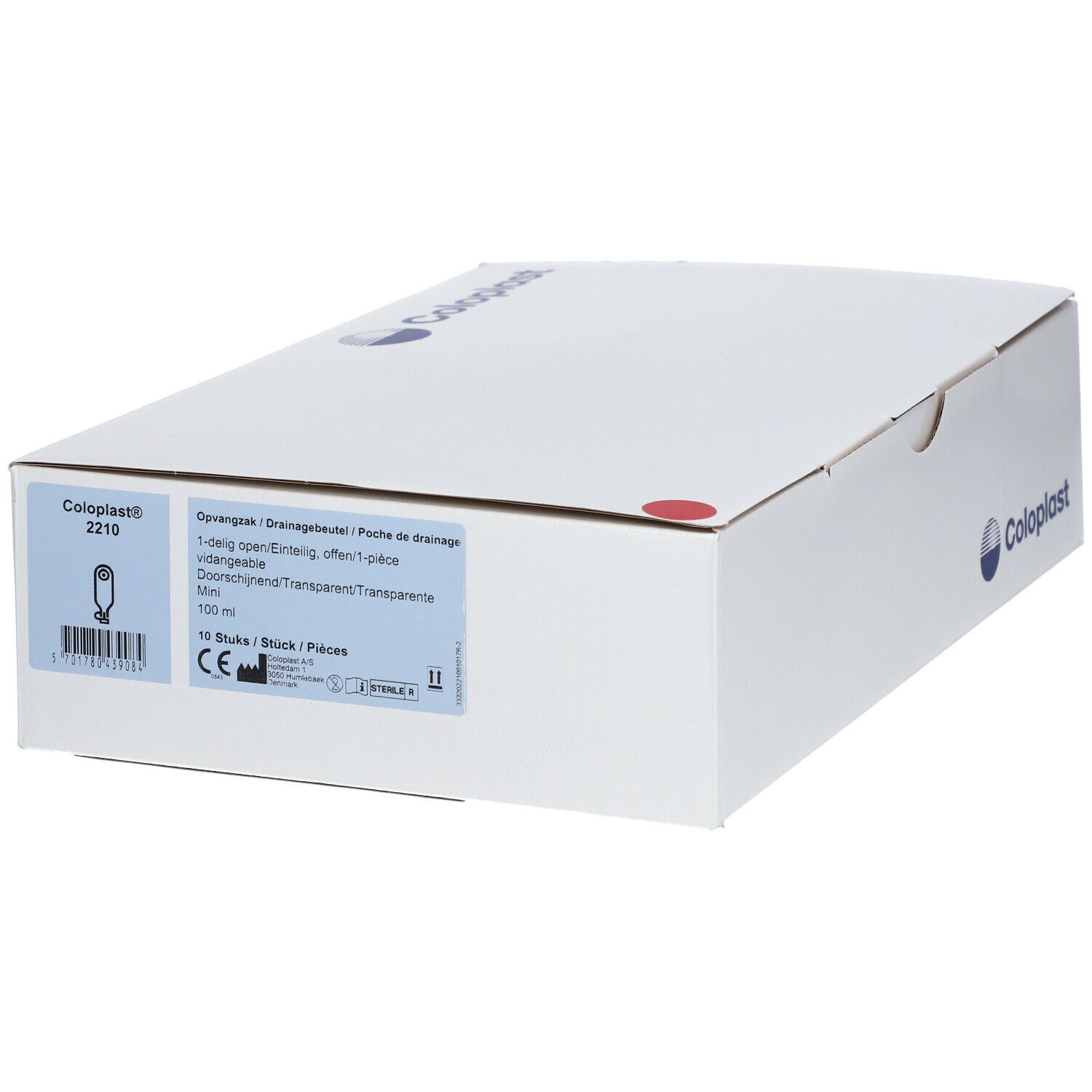 Emballage de produit blanc avec logo Coloplast et informations sur le produit. L'emballage est rectangulaire et fermé.