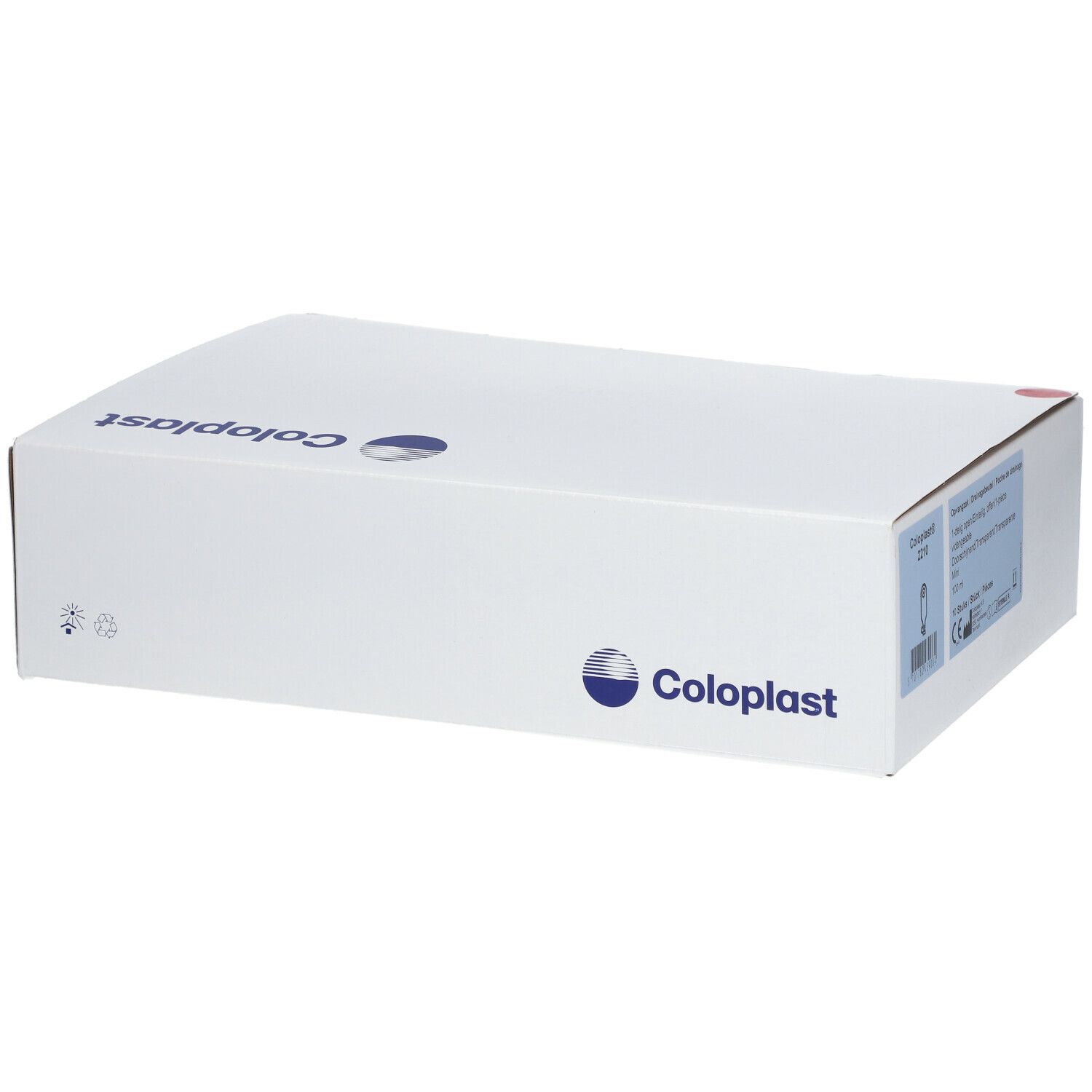 Emballage de produit blanc avec logo Coloplast. L'emballage est rectangulaire et fermé.