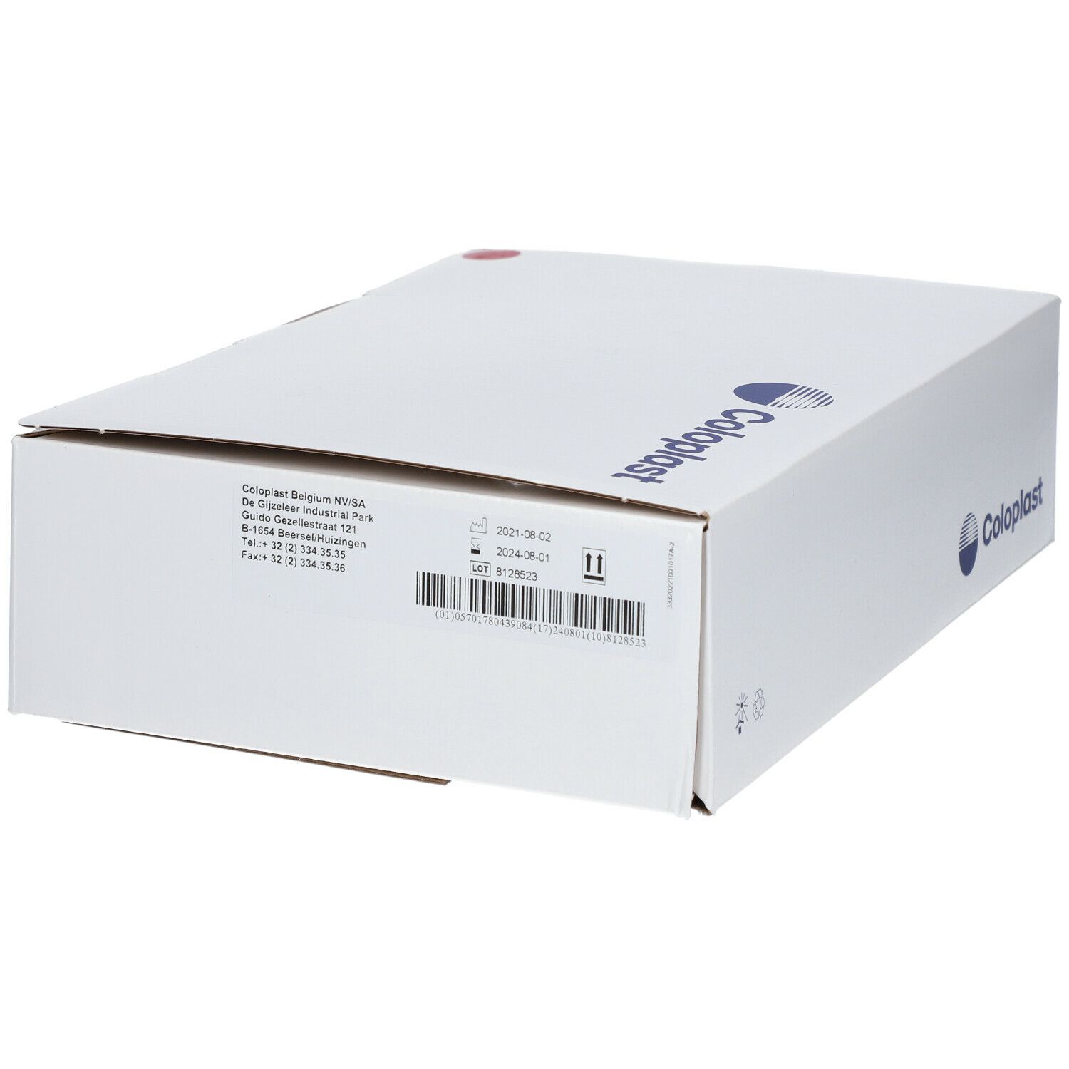Emballage de produit blanc avec logo Coloplast et informations sur le produit. L'emballage est rectangulaire et fermé.