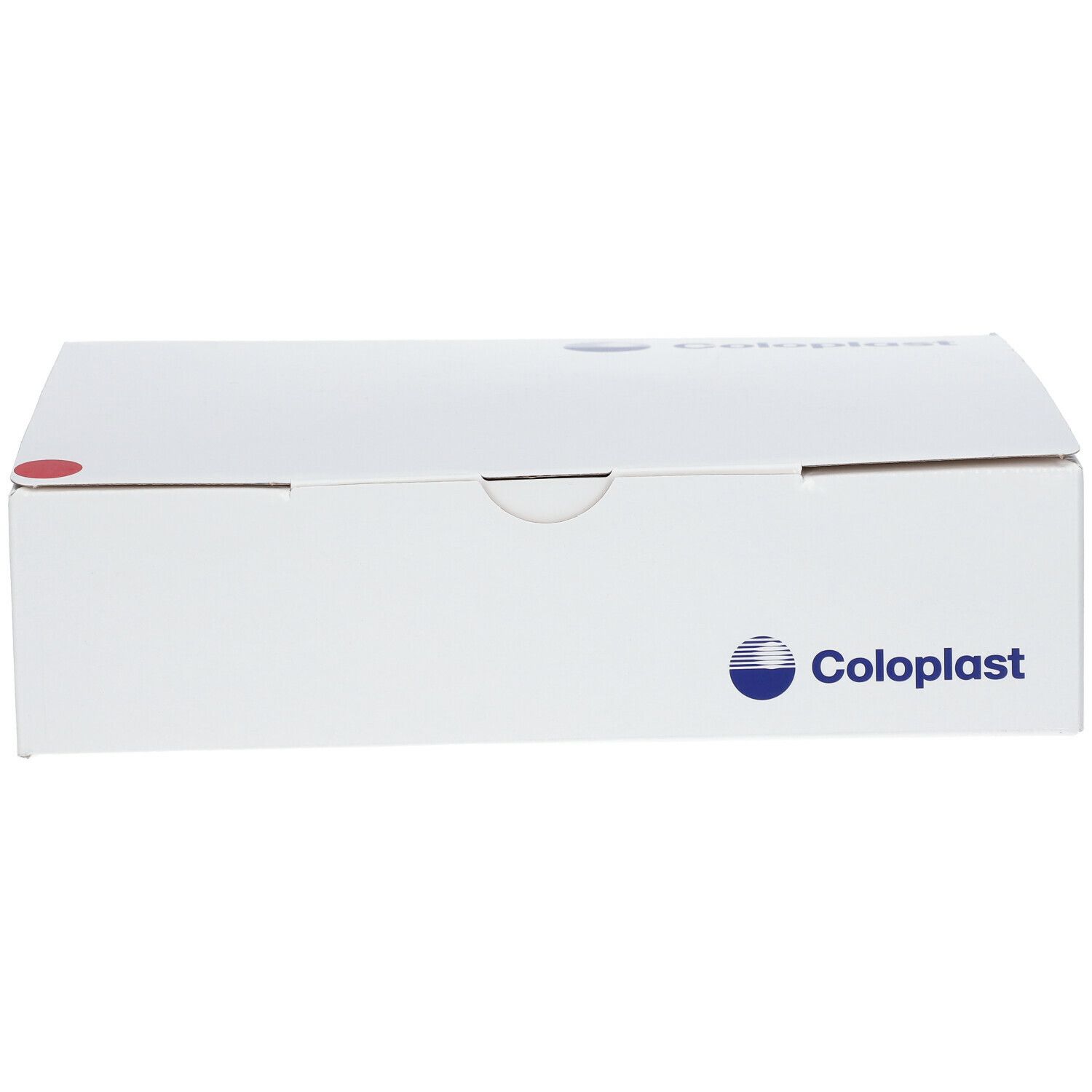 Emballage de produit blanc avec logo Coloplast. L'emballage est rectangulaire et fermé.