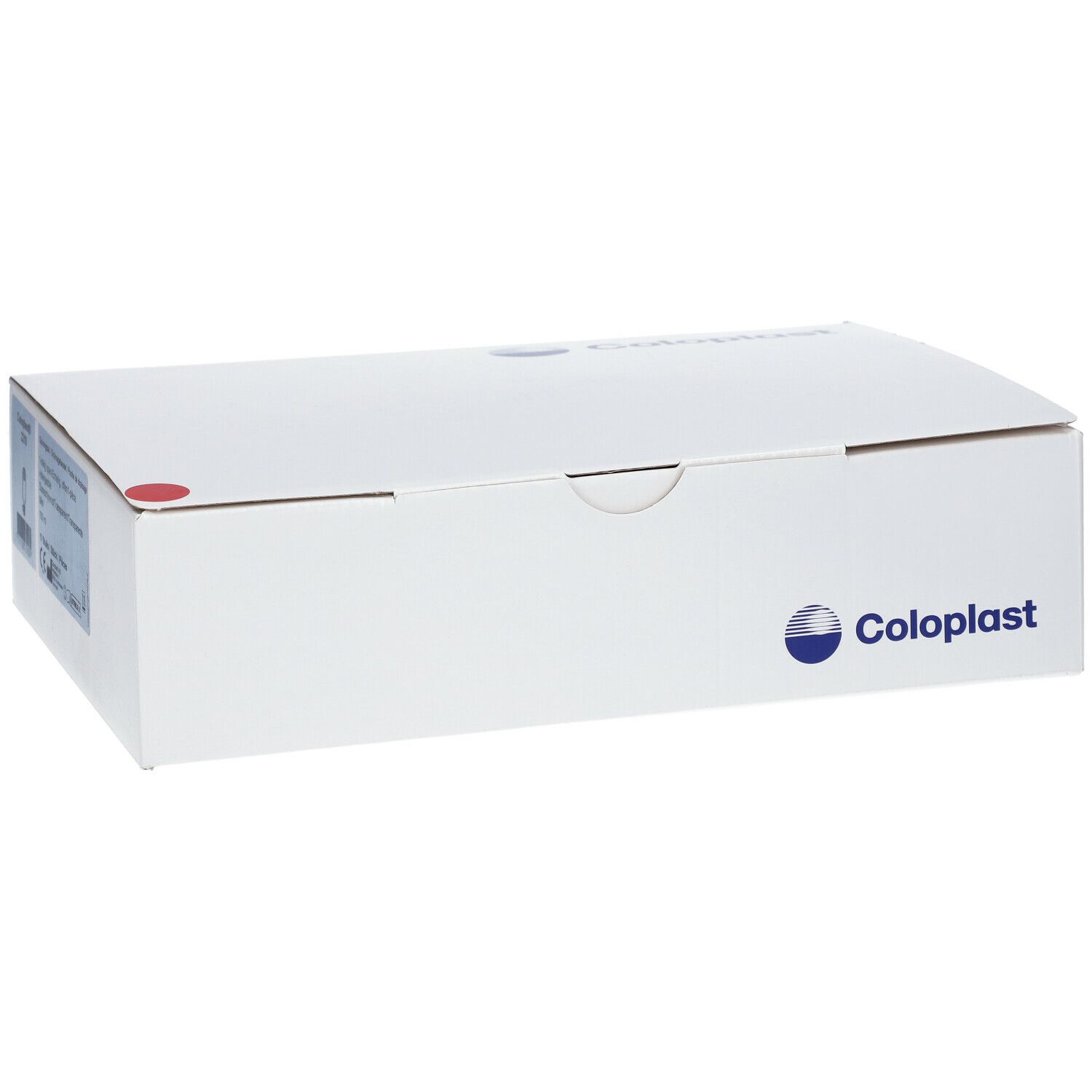 Emballage de produit blanc avec logo Coloplast et informations sur le produit. L'emballage est rectangulaire et fermé.
