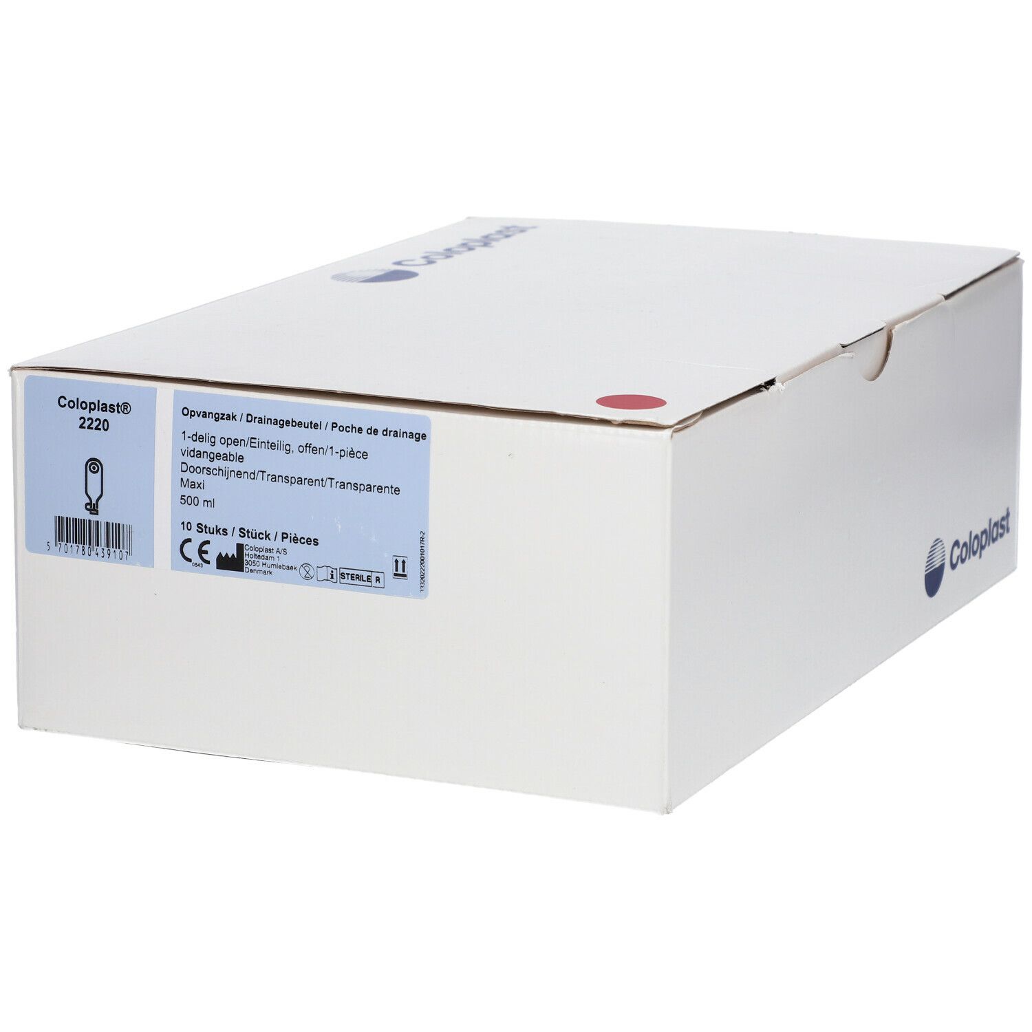 Boîte blanche Coloplast avec informations produit. Logo et texte Coloplast. Point rouge.