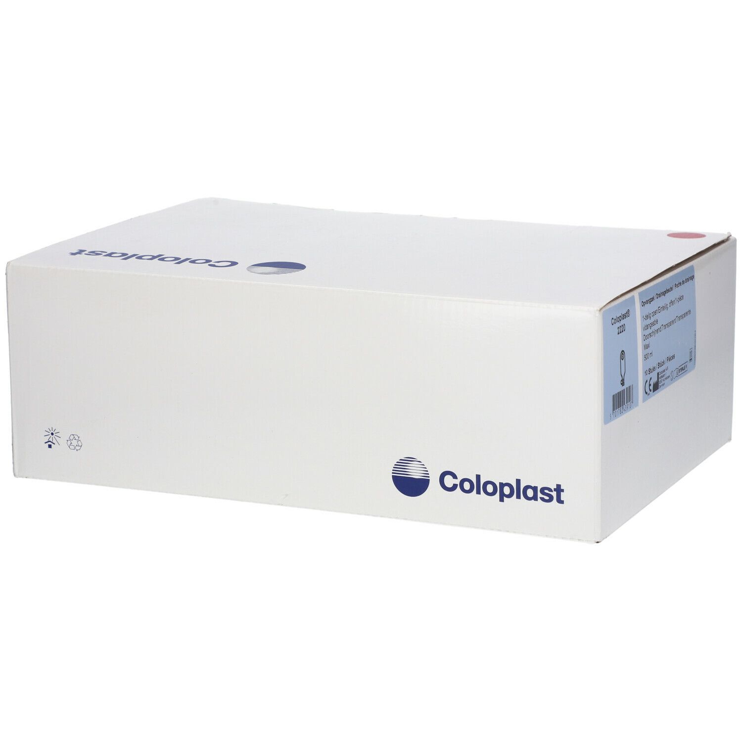 Boîte blanche Coloplast. Logo et texte Coloplast. Point rouge et bleu sur le dessus.
