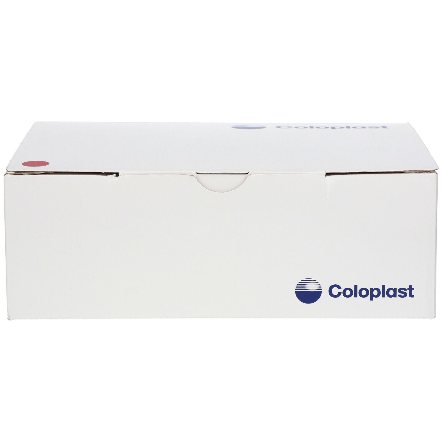 Boîte blanche Coloplast. Logo et texte Coloplast. Point rouge et bleu sur le dessus.