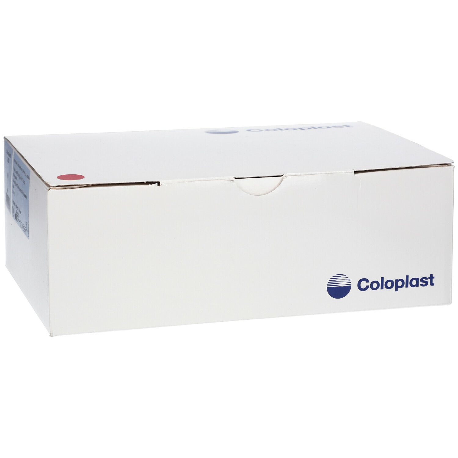 Boîte blanche Coloplast avec informations produit. Logo et texte Coloplast. Point rouge.