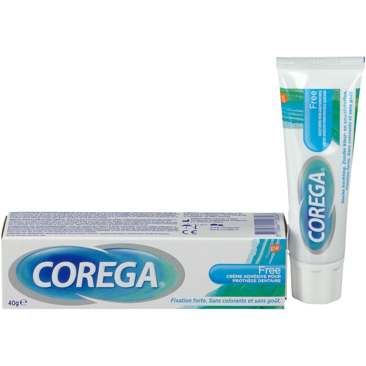 Tube et boîte de crème adhésive pour prothèses dentaires COREGA® Free. Tube et boîte blancs avec texte et logo. 40g.