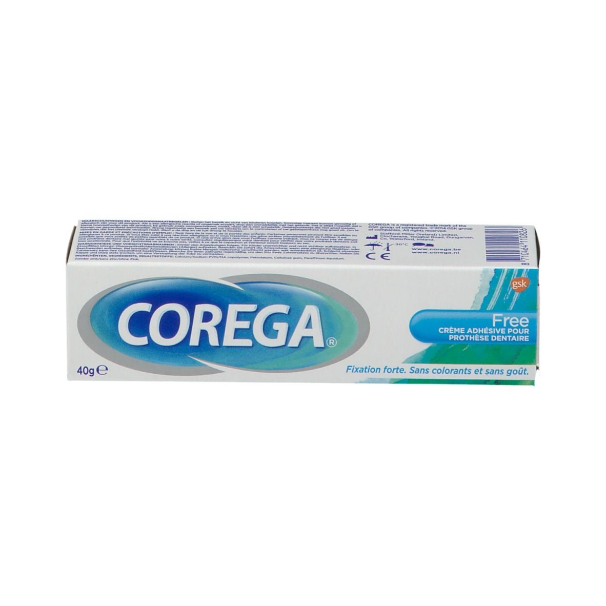 Boîte de crème adhésive pour prothèses dentaires COREGA® Free. Boîte blanche avec texte et logo. 40g.