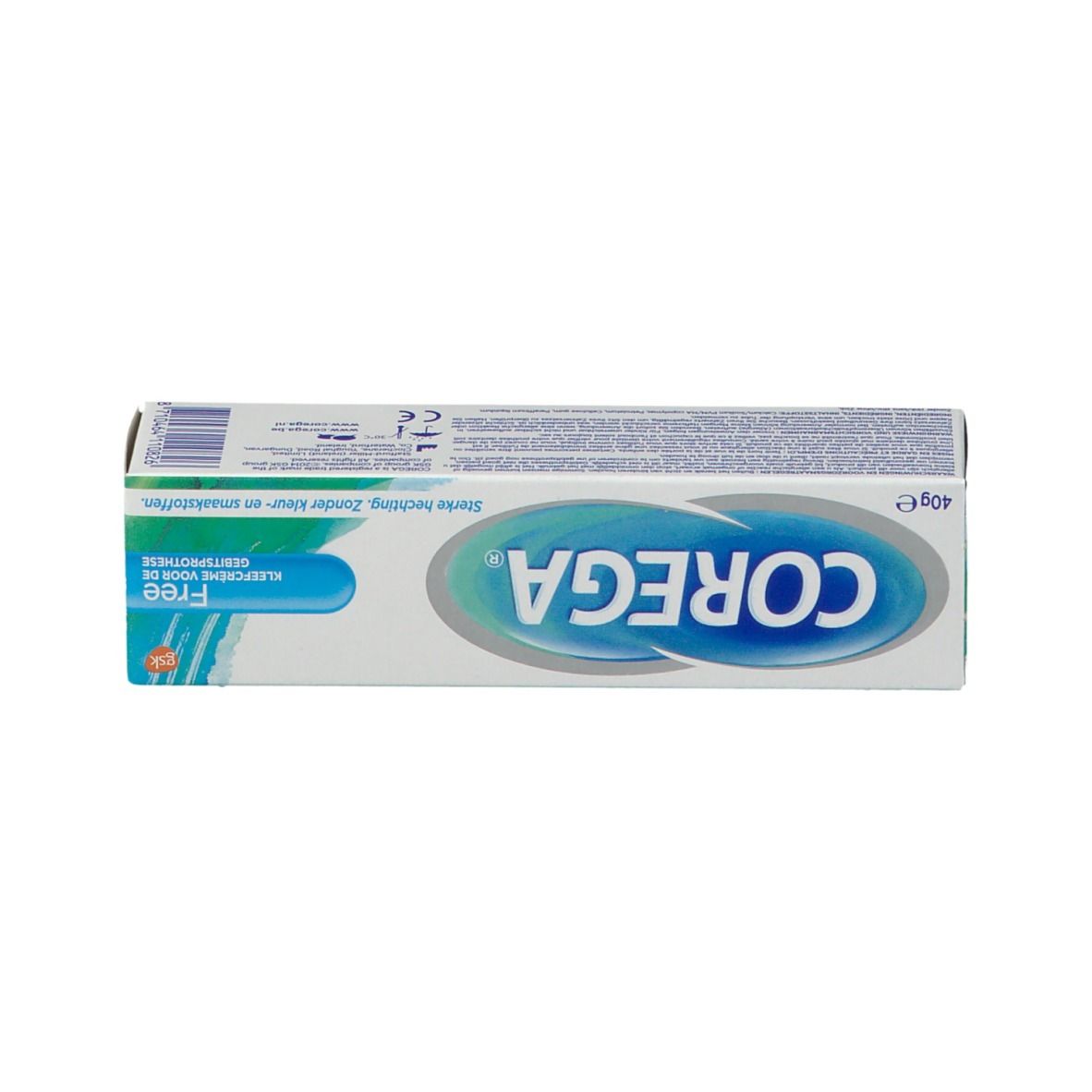 Boîte de crème adhésive pour prothèses dentaires COREGA® Free. Boîte blanche avec texte et logo. 40g.