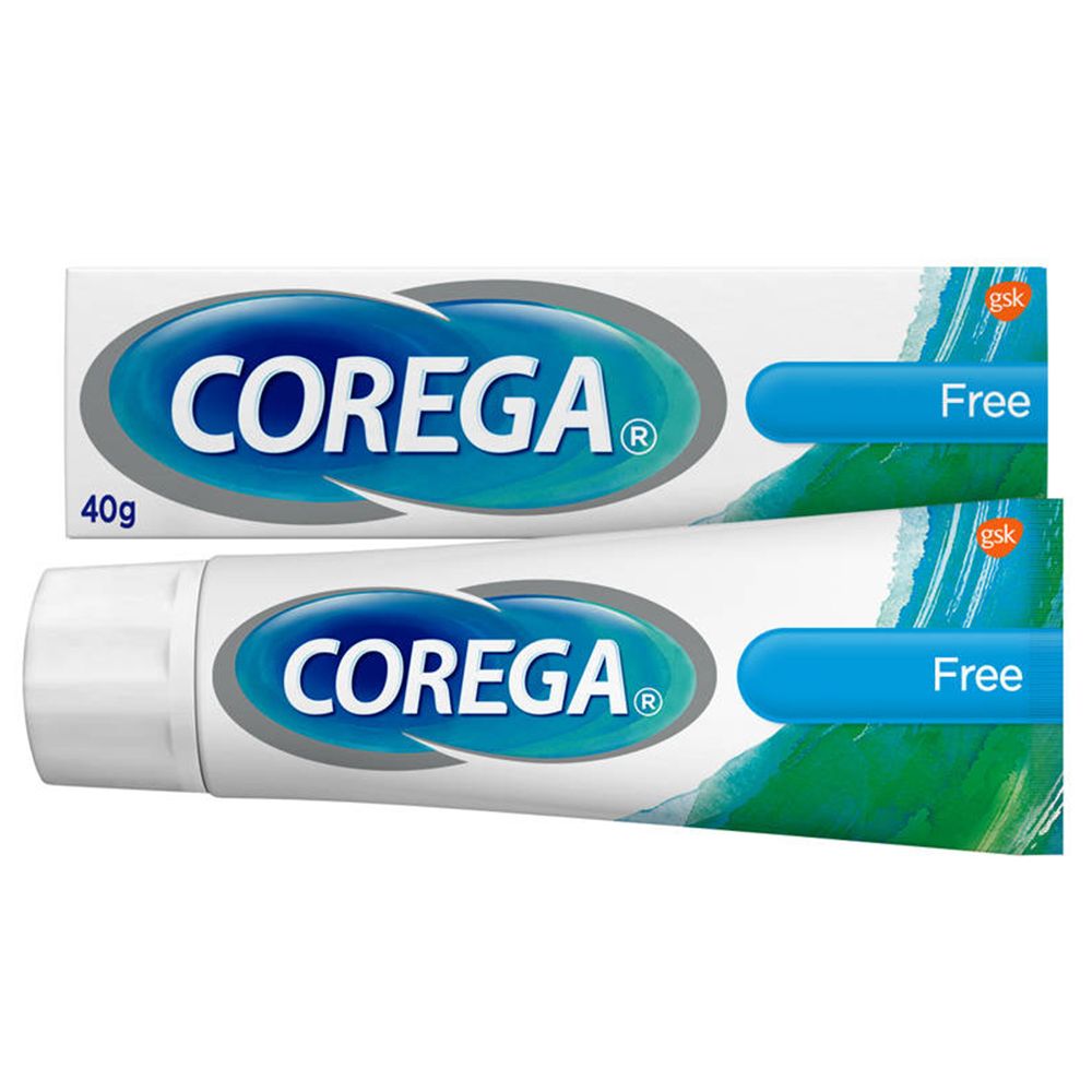 Deux tubes de crème adhésive pour prothèses dentaires COREGA® Free. Tubes blancs avec bande bleue et texte. 40g.