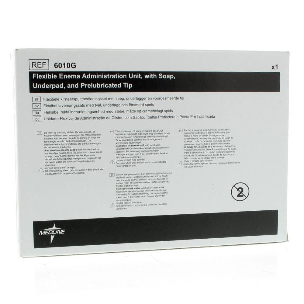Emballage d'un dispositif médical. Inscription : Flexible Enema Administration Unit, avec savon, coussinet et embout pré-lubrifié. Marque : Medline.