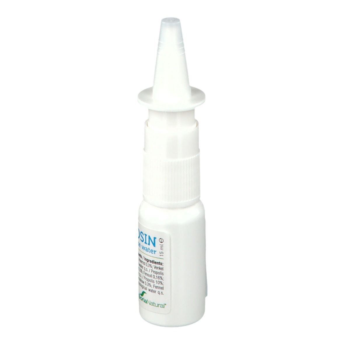 Flacon de spray nasal blanc avec embout. Ingrédients et logo visibles. Inscription: PROPOSIN.