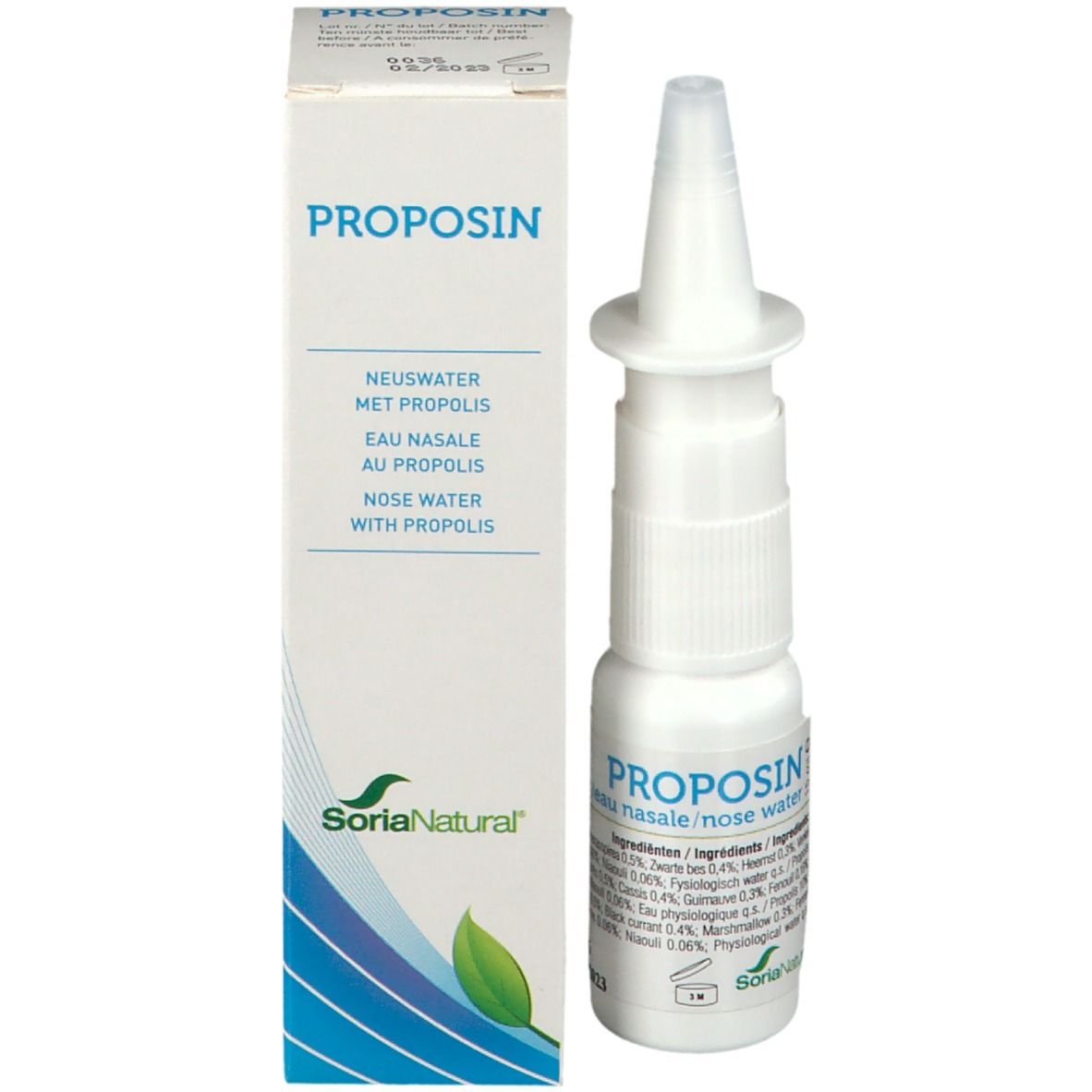 Flacon de spray nasal à côté de l'emballage. Emballage avec nom du produit PROPOSIN et logo. Inscription multilingue.