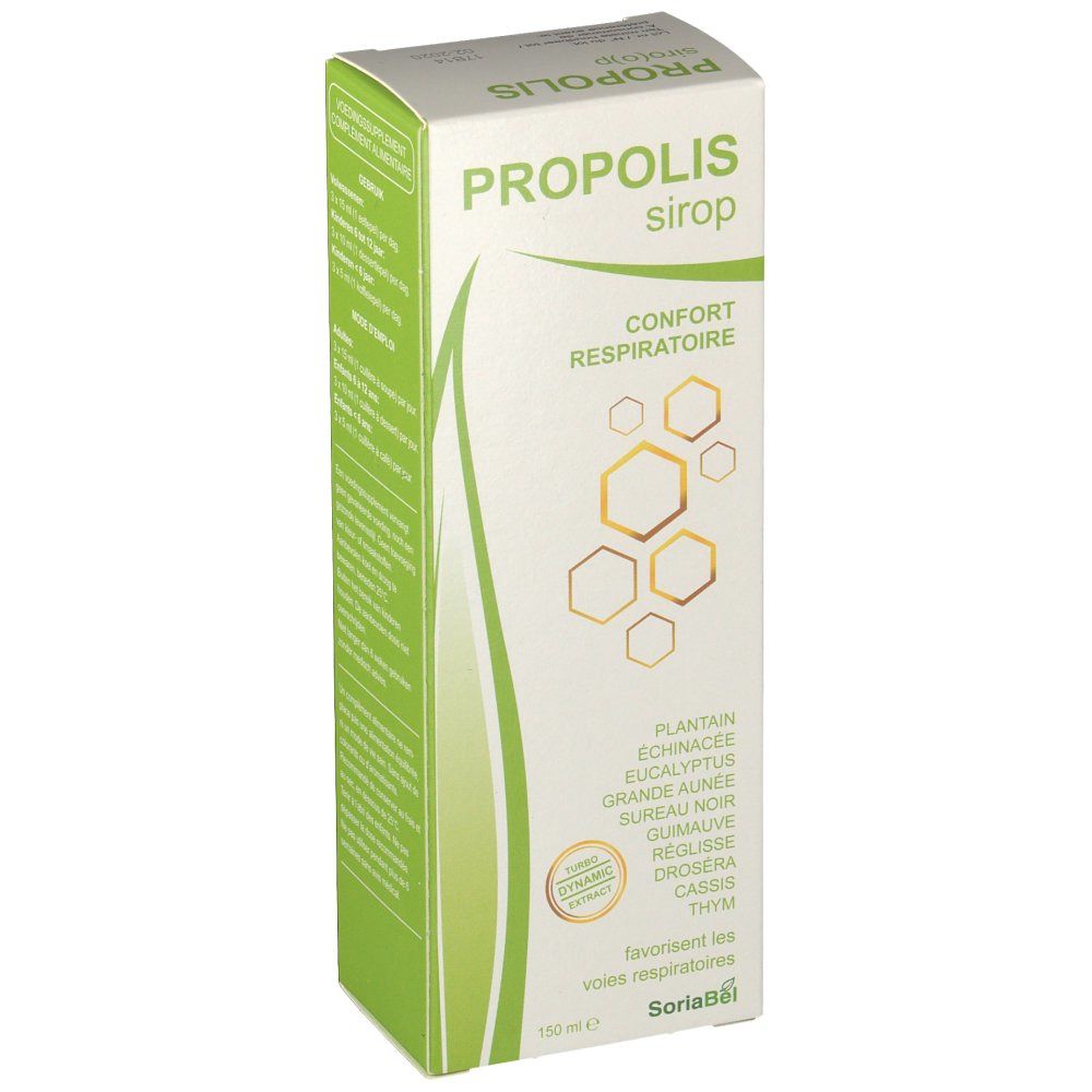 Boîte en carton PROPOLIS sirop. Inscription: Confort respiratoire. Contient des extraits de plantes. Marque SoriaBël.