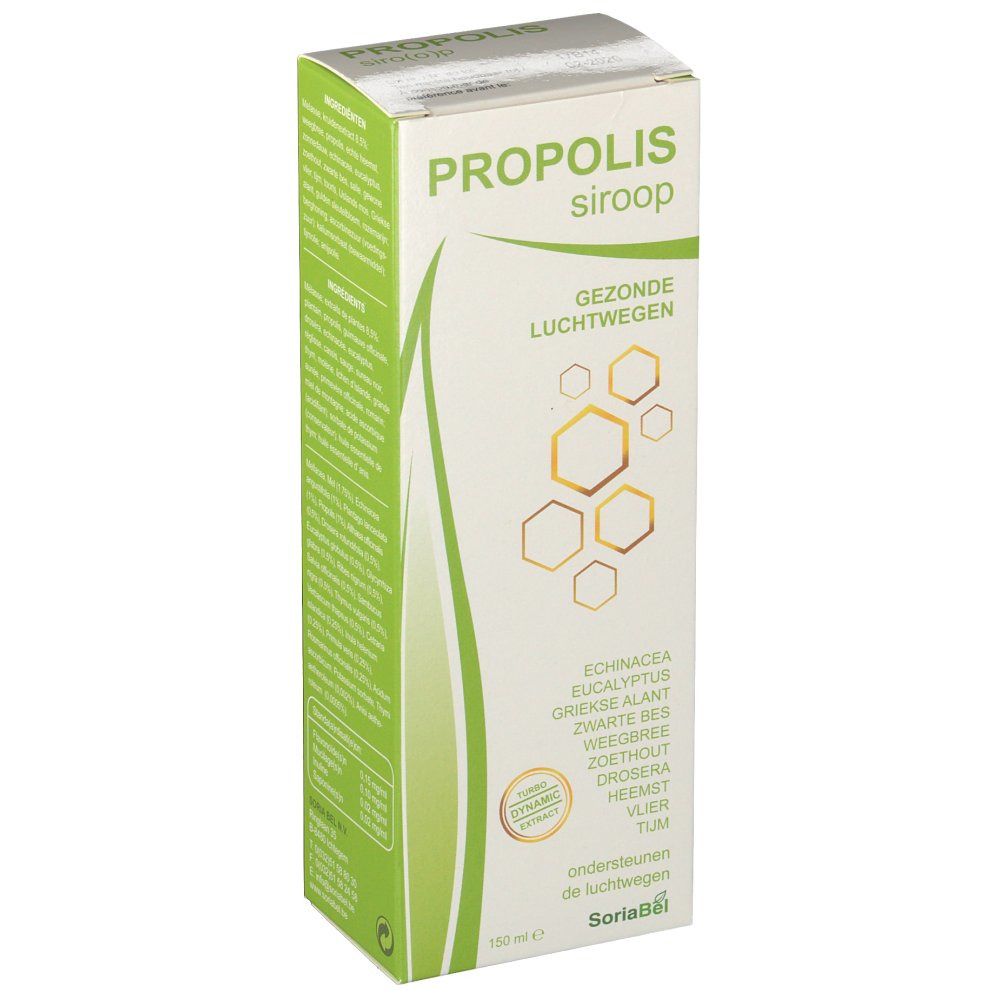 Boîte en carton PROPOLIS sirop. Inscription: Gezonde luchtwegen. Contient des extraits de plantes. Marque SoriaBël.