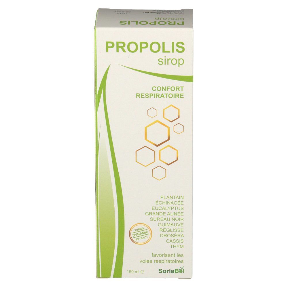 Boîte en carton PROPOLIS sirop. Inscription: Confort respiratoire. Contient des extraits de plantes. Marque SoriaBël.