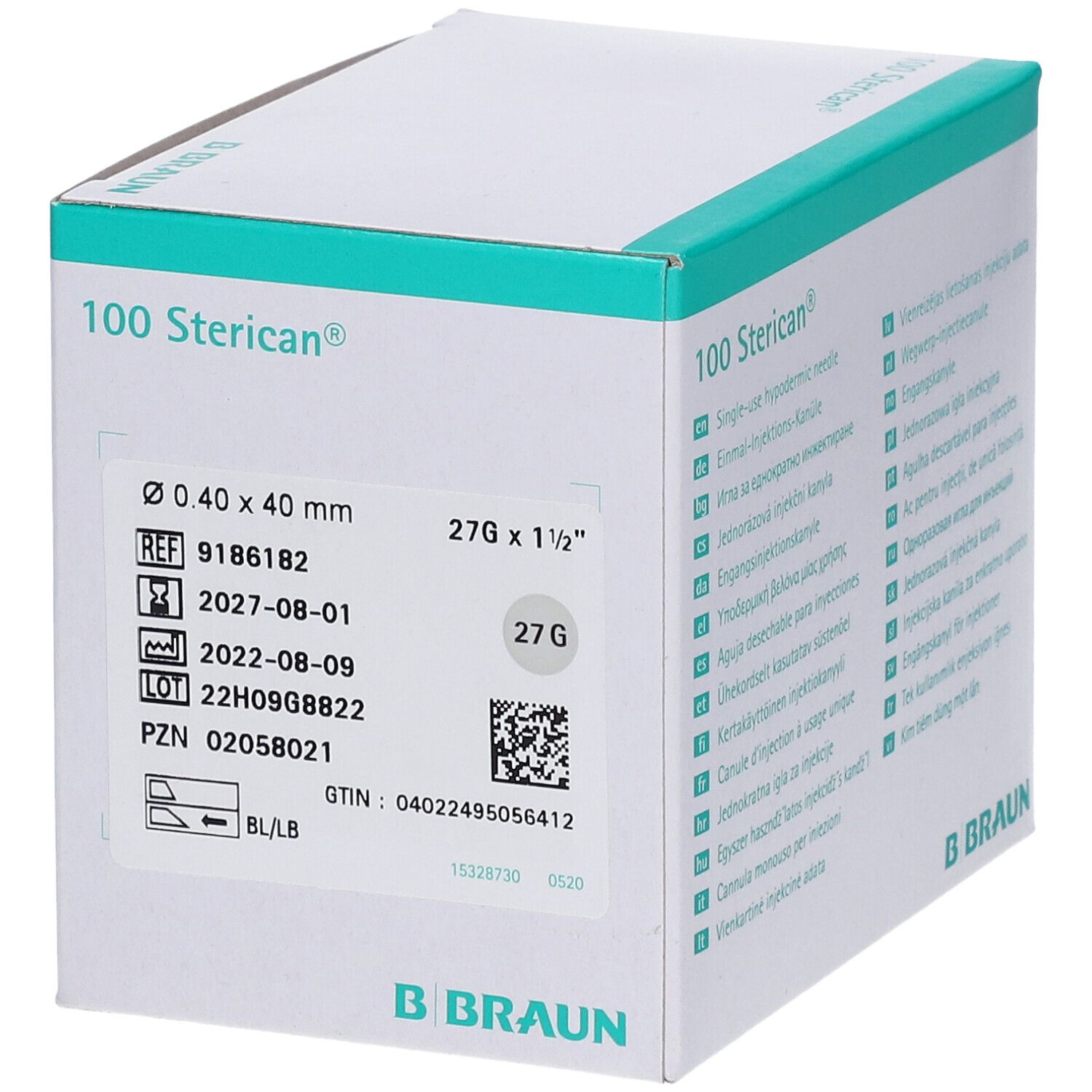 Karton mit 100 Sterican®-Kanülen. Aufdrucke: Durchmesser, Größe, Chargennummer, Verfallsdatum, GTIN und B. Braun Logo.