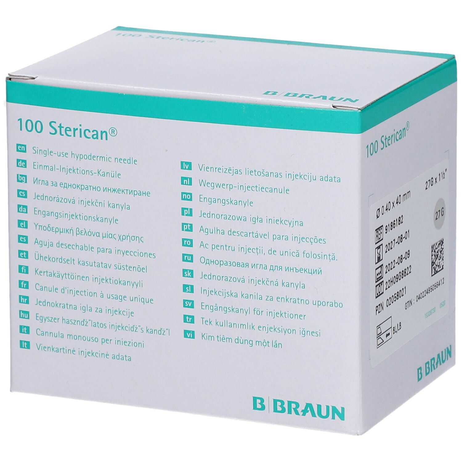 Karton mit 100 Sterican®-Kanülen. Mehrsprachige Beschriftung. B. Braun Logo.
