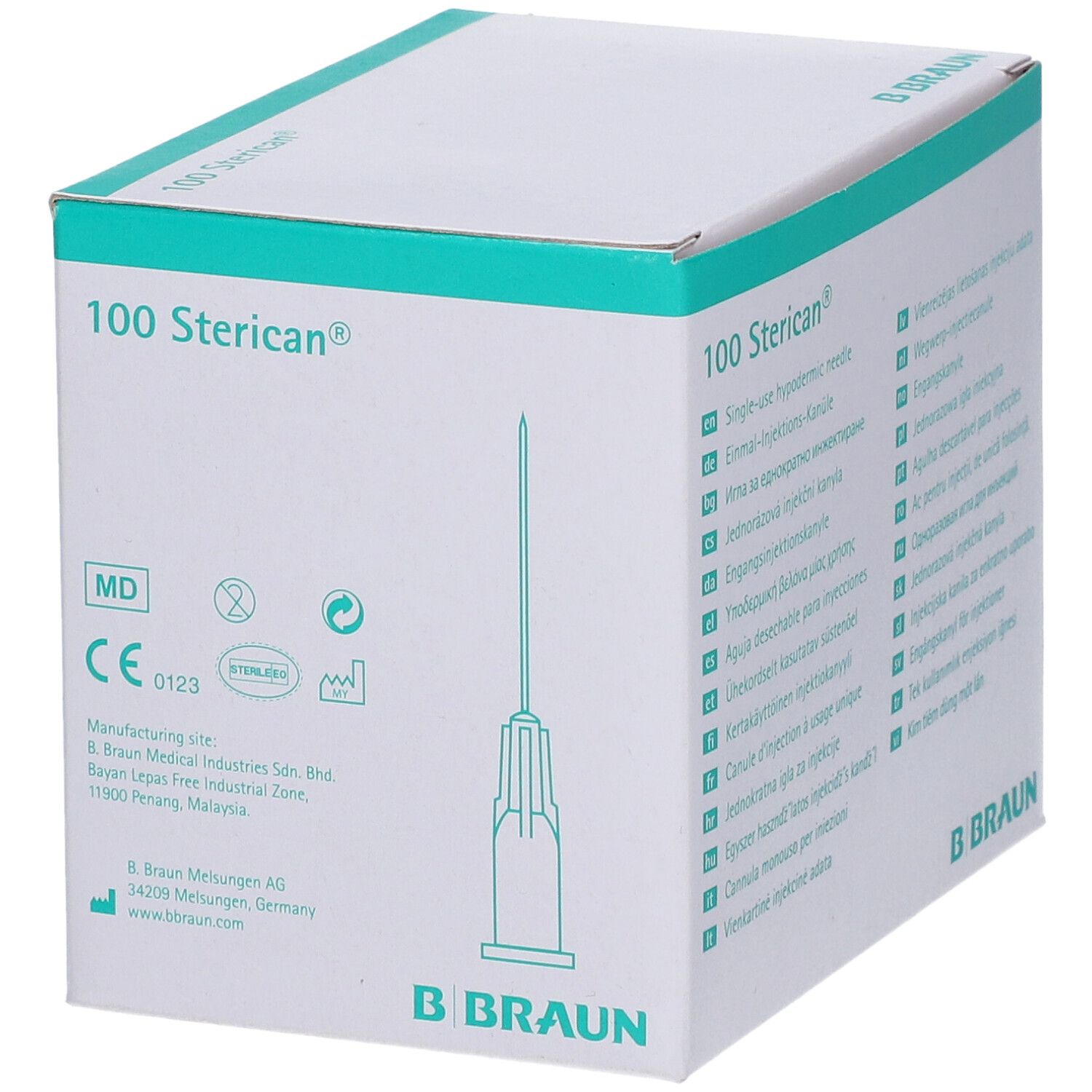 Geöffnete Packung mit einer Sterican®-Kanüle. Kanüle mit Nadelschutz. B. Braun Logo und CE-Kennzeichnung.