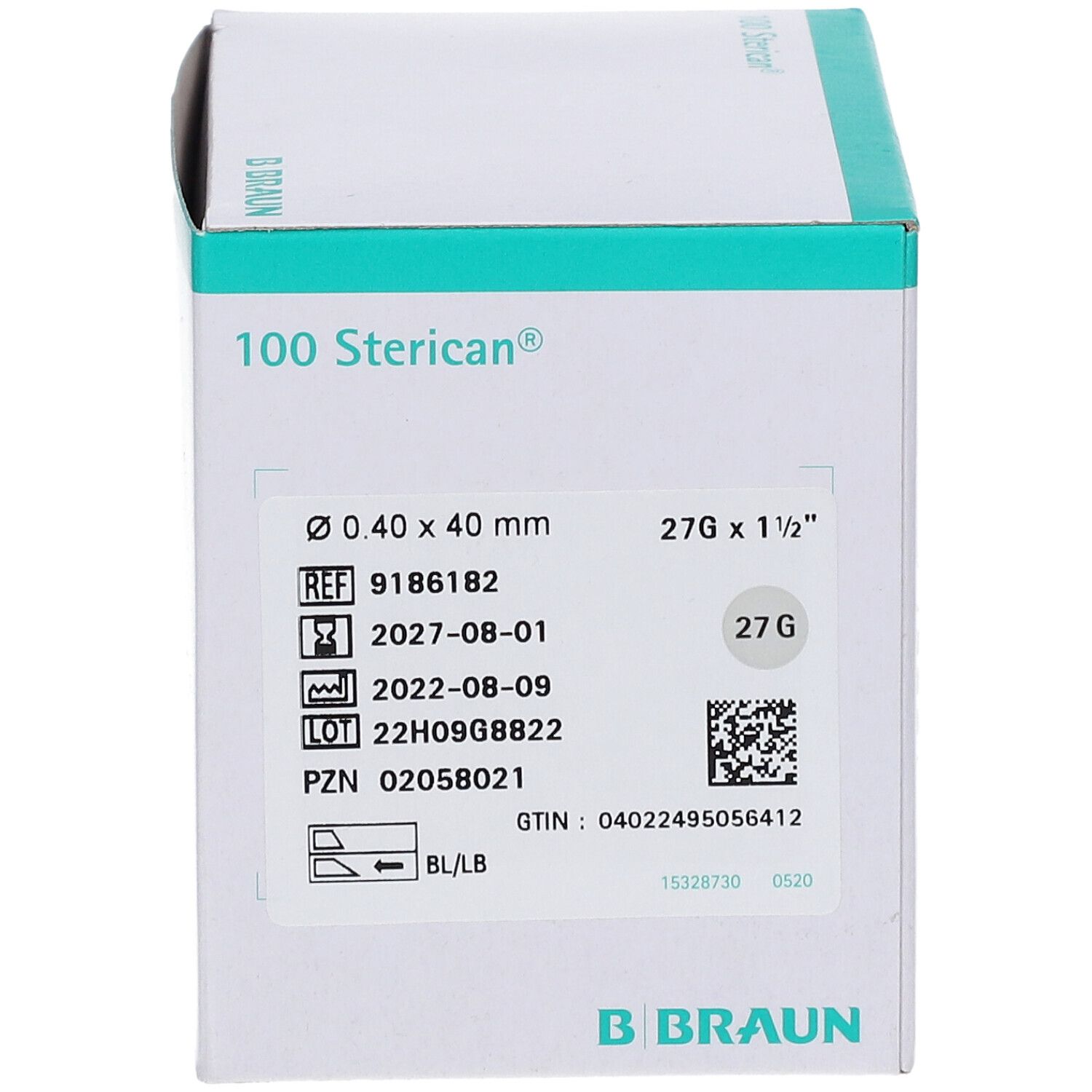 Karton mit 100 Sterican®-Kanülen. Aufdrucke: Durchmesser, Größe, Chargennummer, Verfallsdatum, GTIN und B. Braun Logo.
