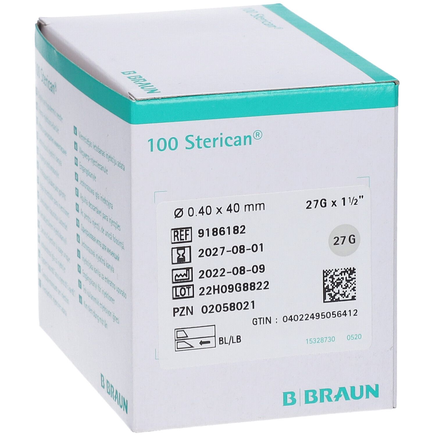 Karton mit 100 Sterican®-Kanülen. Aufdrucke: Durchmesser, Größe, Chargennummer, Verfallsdatum, GTIN und B. Braun Logo.