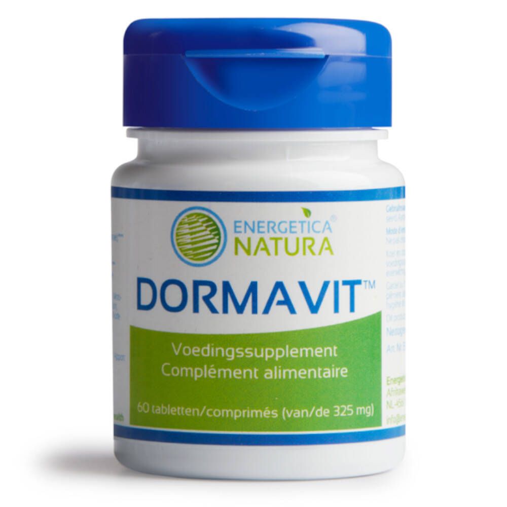 Flacon de comprimés blanc et bleu. Inscription: Dormavit, Energetica Natura. 60 comprimés.
